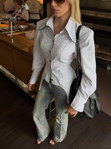 Women's Fashion Striped Shirt, Contrast Trim Asymmetrical Hem, Long Sleeve Button Front Polyester Blouse, Perfect Choice For Autumn - White - View 7