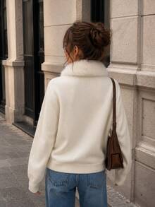 Women's Winter Knitted Long Sleeve Sweater With Faux Fur Collar, V-Neck Regular Fit Pullover Top - Off-white - View 5