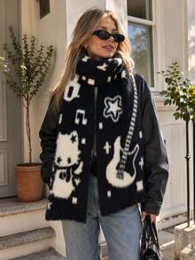 1pc Autumn Style Scarf Shawl, Winter Warm Skin-Friendly Neck Warmer, Black And White Plush, Suitable For Daily Wear - Multicolor - View 3
