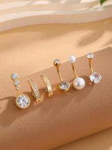 6PCS Personalized Faux Pearl Belly Piercing Rings Set, Women's Jewelry For Daily Wear And Beach Accessories - Yellow Gold - View 1