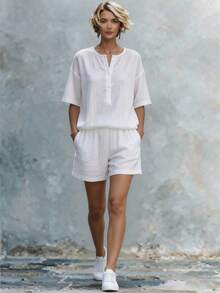 Women's Fresh Minimalist White Summer Casual 2 Pieces Set, Soft Skin-Friendly Fabric, Loose Fit, Vacation Travel Daily Casual Outfit - White - View 3