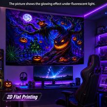 2D Fluorescent Halloween Tapestry: Scary Demon Tree, Pumpkin Head, Scarecrow, Haunted House, Full Moon, Bats, Spider Web, Blacklight Reactive Tapestry - Halloween Home Party Decoration - Multicolor - View 6