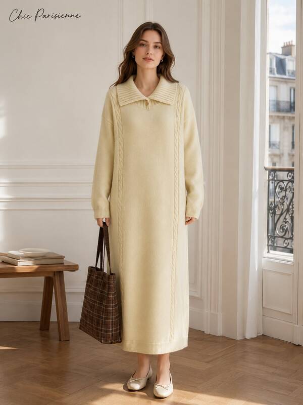 Butter Yellow Long Sweater Dress For Women, Foldover Button Collar, Cable-Knit Panels, Relaxed Autumn/Winter Style