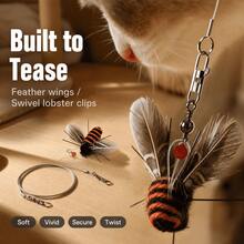 2pcs Set, Includes Realistic Bee Flying Insect Cat Teaser Toy Replacement Head (6cm Long) And 60cm Steel Wire Extension Line. Insect Head Features Feather Wings + Plush Body, Realistic Design, With Hanging Ring For Quick Connection; Extension Line With Swivel Lobster Clasp On Both Ends, Anti-Tangle, Extends Teasing Distance, Stimulates Cat's Hunting Instinct, Interactive Boredom Relief. - Bee Replacement Head + Extension Cable - View 4