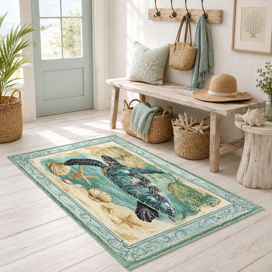 1pc Turtle Pattern Printed Faux Cashmere Kitchen Mat, Absorbent Kitchen Floor Mat, Kitchen Carpet, Long Runner Rug, Sink Front Mat, Suitable For Kitchen, Bathroom, Entryway, Hallway, Laundry Room And Home Decor - Multicolor - View 1