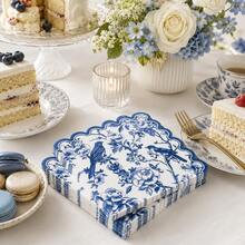 20/60PCS Blue White Bird Print Paper Napkins, Scalloped Edge Party Napkins, Elegant Table Decor For Wedding Birthday Dinner Dessert Table - Blue - View 6