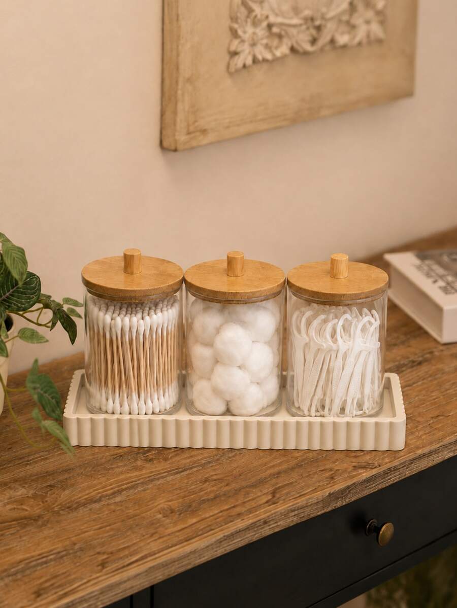 1/3/4-Piece Cotton Swab Storage Set – Plastic Canister With Lid (Suitable For Cotton Balls, Cotton Pads, And Swabs), Bamboo Bathroom Accessory, Bathroom Storage Jar With Lid - Multicolor - View 1
