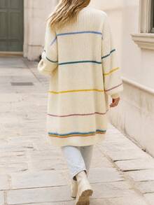 Women's Oversized Contrast Stripe Open Front Long Cardigan Sweater With Pockets - Beige - View 4