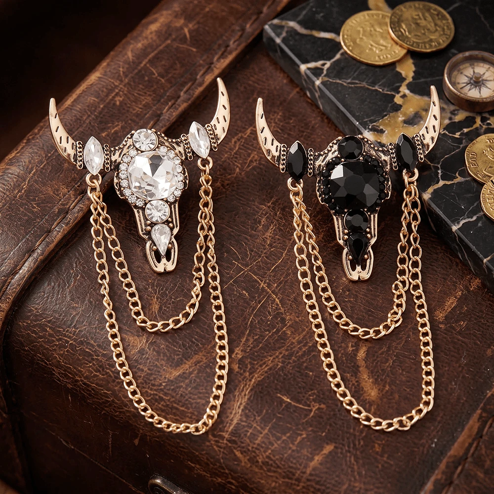 2Pcs Ox Head Brooch Pin Set – Multi-Use Keychain, Button Cover, Collar Clip, Cufflink & Bag Charm, Retro Jewelry Gift
