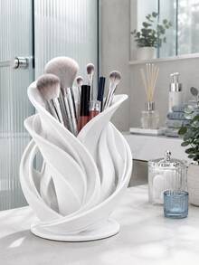1pc White Floral Cosmetic Storage Cup, Hollow Streamlined Design Decorative Makeup Brush And Lipstick Holder, Space-Saving Beauty Tool Rack, Suitable For Bathroom Countertop, Vanity Or Bedroom; Cosmetic Storage Rack, Brush Holder, Bathroom Decor - Multicolor - View 4