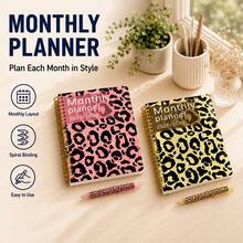 Leopard Print Cover Daily Planner Notebook Fashion Leopard Print Cover Monthly Overview Layout With Note Section Reference Calendar Back To School Stationery Study Work Daily Schedule Planning Diary Office Home Time Management Notebook - Multicolor - View 4