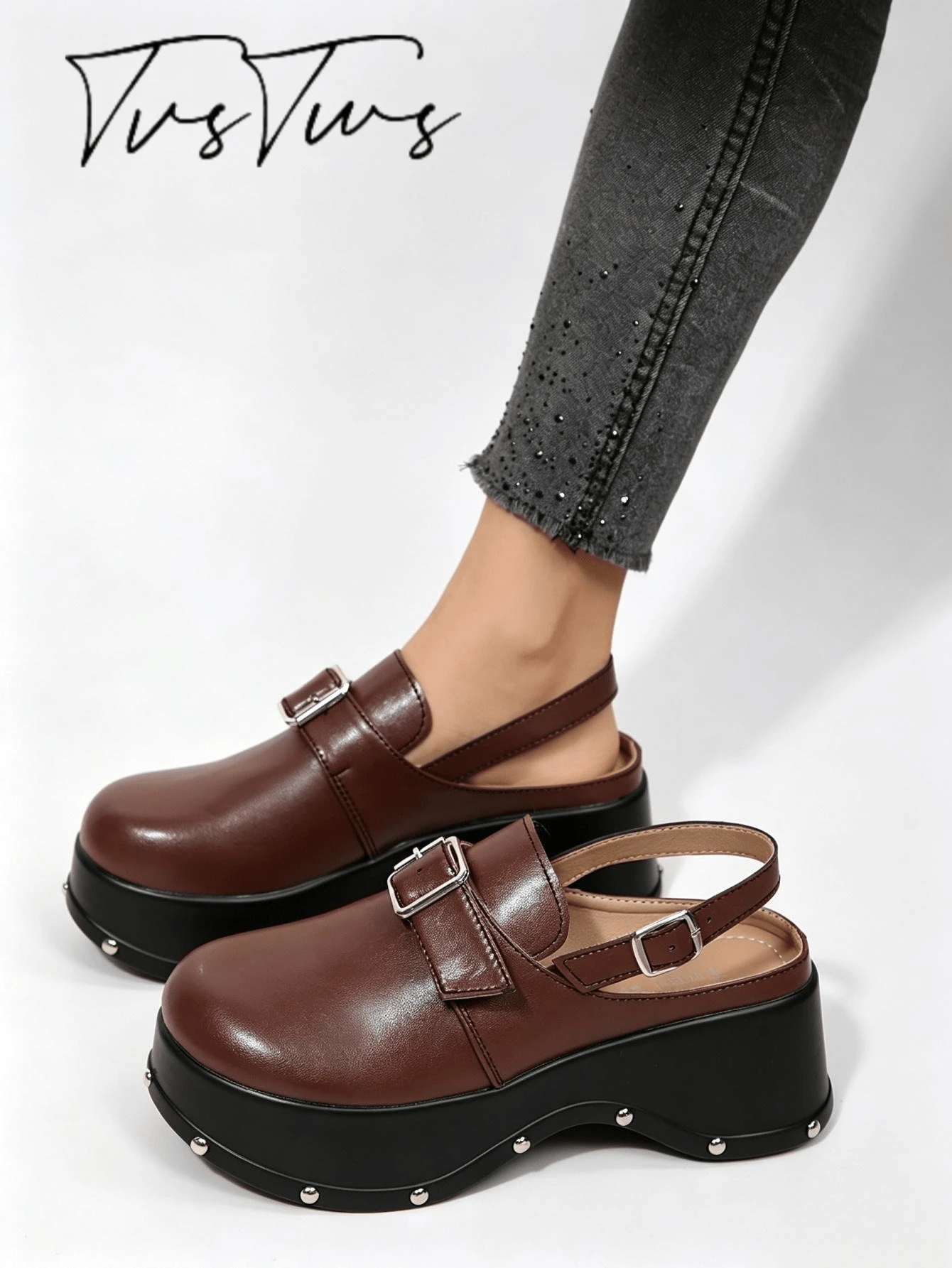 Women's Autumn/Winter Height-Enhancing Double Buckle Back Strap Rivet Thick Sole Wedge Mule Shoes, Super High Heel Round Toe Closed Toe Half-Slip, Fashionable Personalized Outdoor Slippers - Brown - View 1