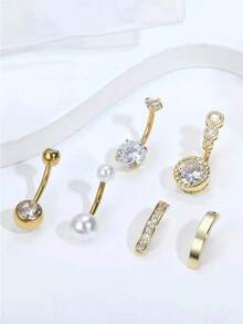 6PCS Personalized Faux Pearl Belly Piercing Rings Set, Women's Jewelry For Daily Wear And Beach Accessories - Yellow Gold - View 3