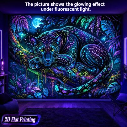 2D Flat 1pc Fluorescent Fantasy Tapestry, Tropical Jungle Exotic Plants Dragonfly Full Moon Starry Night Blacklight Reactive Wall Hanging, Bedroom Dorm Home Party Decor
