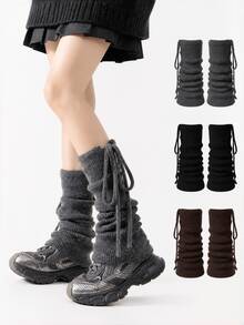 Knitted Ruched Leg Warmers With Straps For Women, Grey Harajuku Style Mid-Calf Leg Warmers, Spring/Autumn/Winter - Multicolor - View 1