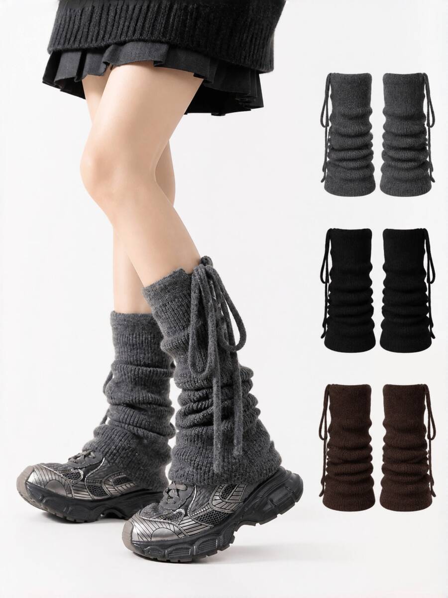 Knitted Ruched Leg Warmers With Straps For Women, Grey Harajuku Style Mid-Calf Leg Warmers, Spring/Autumn/Winter - Multicolor - View 1