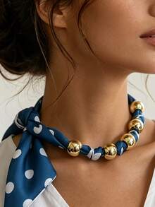 1pc Gold Beaded Polka Dot Scarf Necklace, Layered Silk Scarf Fashion Collarbone Chain With Metal Beads, Polka Dot Colorful Elegant Women's Necklace, French Vintage Party Accessory - Polka Dot Silk Scarf - View 1