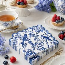20/60PCS Blue White Bird Print Paper Napkins, Scalloped Edge Party Napkins, Elegant Table Decor For Wedding Birthday Dinner Dessert Table - Blue - View 5