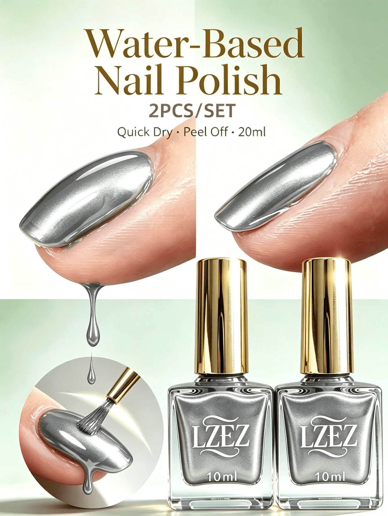 LZEZ Water‑Based Bright Top Coat 2‑Pack Total 20ml, Gloss Shine Nail Finish, Long‑Lasting Nail Surface Protection