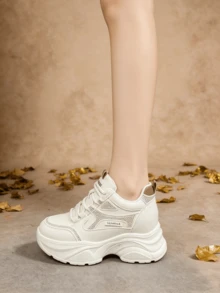 Women's Rhinestone Decor Chunky Sneakers With Inner Height Increase, Flexible Leather Upper, Durable Anti-Slip Thick Sole, Height-Enhancing Versatile Casual Sports Shoes For Petite Women - Beige - View 4