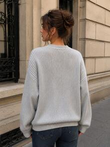 Women's Soft Ribbed Knit Long Sleeve Drop Shoulder Crew Neck Sweater, Casual Autumn Warm Knit Top - Light Grey - View 3