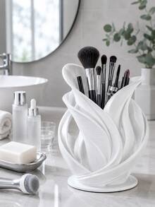 1pc White Floral Cosmetic Storage Cup, Hollow Streamlined Design Decorative Makeup Brush And Lipstick Holder, Space-Saving Beauty Tool Rack, Suitable For Bathroom Countertop, Vanity Or Bedroom; Cosmetic Storage Rack, Brush Holder, Bathroom Decor - Multicolor - View 5
