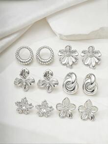 2/12PCS Fashion Elegant Exquisite Floral Circle Multi-Element Silver Metallic Earring Set, Suitable For Women's Daily Wear In Various Occasions - Silver - View 2