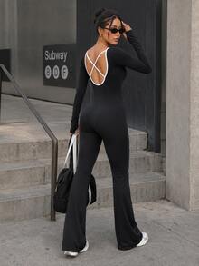 Women's Contrast Binding Square Neck Criss Cross Open Back Long Sleeve Flare Leg Yoga Jumpsuit, Bodycon Workout Activewear Unitard - Black - View 5