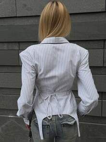 Women's Fashion Striped Shirt, Contrast Trim Asymmetrical Hem, Long Sleeve Button Front Polyester Blouse, Perfect Choice For Autumn - White - View 3