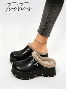 Women's Belt Buckle Rivet Thick Sole Closed Toe Mule Shoes, Platform Sole Backless Slouchy Hollow Half-Slip Sandals - Black - View 1