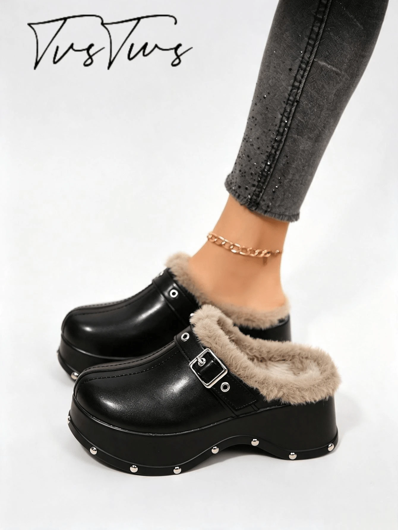 Women's Belt Buckle Rivet Thick Sole Closed Toe Mule Shoes, Platform Sole Backless Slouchy Hollow Half-Slip Sandals - Black - View 1