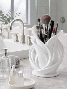 1pc White Floral Cosmetic Storage Cup, Hollow Streamlined Design Decorative Makeup Brush And Lipstick Holder, Space-Saving Beauty Tool Rack, Suitable For Bathroom Countertop, Vanity Or Bedroom; Cosmetic Storage Rack, Brush Holder, Bathroom Decor - Multicolor - View 8