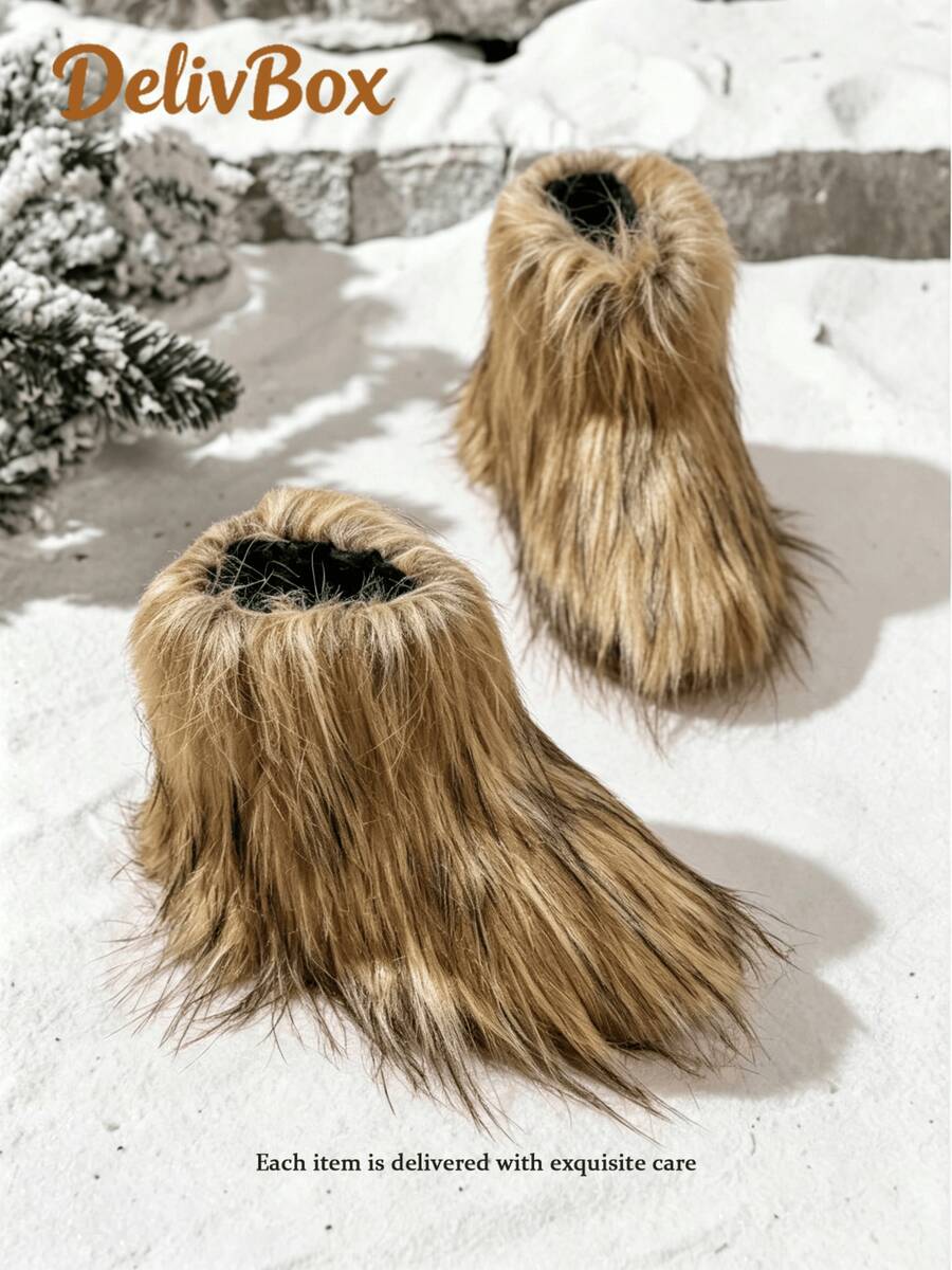 Girls' Khaki Brown Long Fur Snow Boots, Thick Warm Anti-Slip Soft Sole Autumn/Winter Boots - Brown - View 1