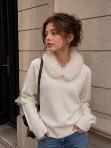 Women's Winter Knitted Long Sleeve Sweater With Faux Fur Collar, V-Neck Regular Fit Pullover Top - Off-white - View 4