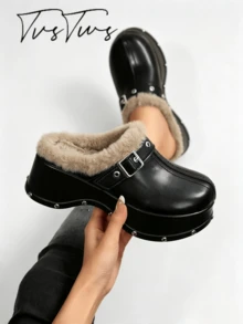 Women's Belt Buckle Rivet Thick Sole Closed Toe Mule Shoes, Platform Sole Backless Slouchy Hollow Half-Slip Sandals - Black - View 3