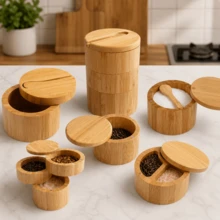 Acacia Wood Salt Cellar With Built-In Spoon, Dust-Proof; Elegant Kitchen Salt Container With Rotating Magnetic Lid, Suitable For Storing Pepper, Spices, Bath Salts, Sea Salt, Etc., 6oz - Khaki - View 6
