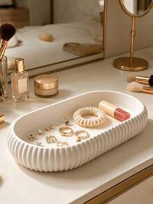 Matte Striped Oval Multi-Functional Storage Tray, 3D Printed Design Plastic Material; Minimalist Style Storage Dish; Suitable For Entryway, Vanity, Bathroom And Office Desk Decoration Multi-Purpose Key Coin Jewelry Storage Tray; Practical Housewarming Gift Storage - Multicolor - View 1