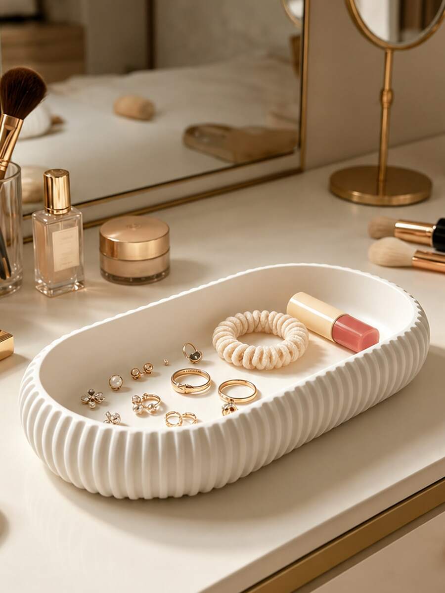 Matte Striped Oval Multi-Functional Storage Tray, 3D Printed Design Plastic Material; Minimalist Style Storage Dish; Suitable For Entryway, Vanity, Bathroom And Office Desk Decoration Multi-Purpose Key Coin Jewelry Storage Tray; Practical Housewarming Gift Storage - Multicolor - View 1