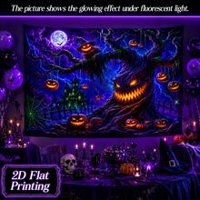 2D Fluorescent Halloween Tapestry: Scary Demon Tree, Pumpkin Head, Scarecrow, Haunted House, Full Moon, Bats, Spider Web, Blacklight Reactive Tapestry - Halloween Home Party Decoration - Multicolor - View 8
