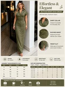 Gaun Kasual Minimalis Warna Polos Lengan Pendek Kerah Elegan Modis untuk Wanita di Musim Panas - Hijau Tentara - View 8