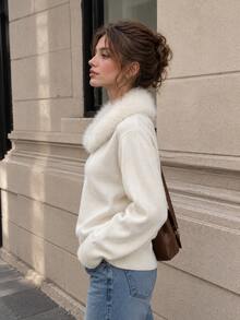 Women's Winter Knitted Long Sleeve Sweater With Faux Fur Collar, V-Neck Regular Fit Pullover Top - Off-white - View 7