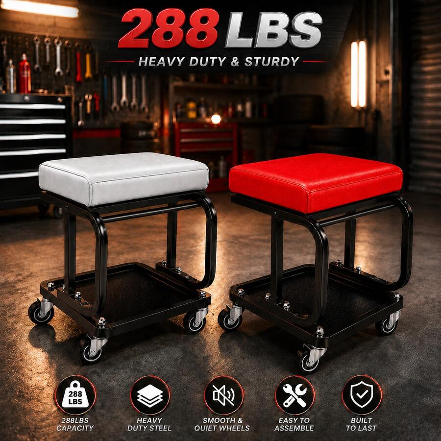 288 Lb Heavy-Duty Rolling Mechanic Stool With 360° Swivel Casters And Tool Tray – Padded Garage Creeper Seat For Auto Repair, Maintenance, Detailing, And Workshop Use - Garage Repair Equipment - View 1