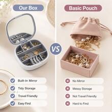1pc Portable Mini Jewelry Storage Box With Mirror, Multi-Compartment Travel Organizer For Rings, Earrings And Necklaces - Multicolor - View 8