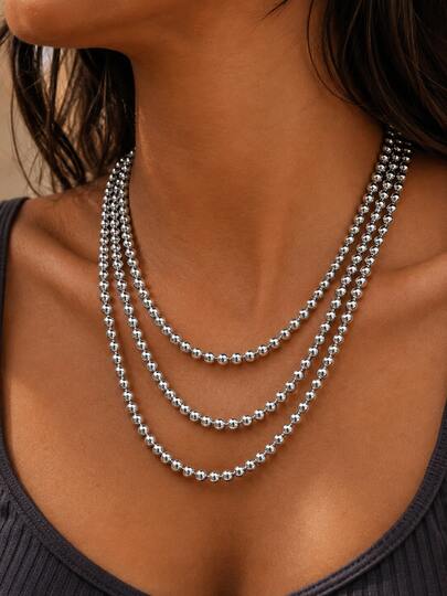 GARMEND 1pc Vintage Hip-Hop Style 3-Layer Silver Beaded Necklace For Women, Personalized Street Cool Layered Collarbone Chain Accessory