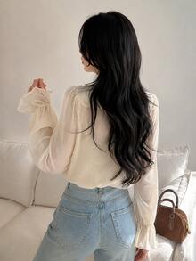 YEAE | Women's Solid Color Ruffle Collar Front Tie Long Sleeve Elegant Blouse - Cream - View 2