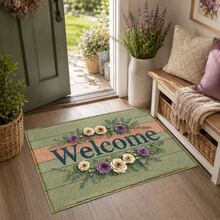 1pc Green Wooden Board Welcome Floral Pattern Printed Faux Cashmere Kitchen Mat, Absorbent Kitchen Rug, Kitchen Carpet, Long Runner Mat, Sink Front Mat, Suitable For Kitchen, Bathroom, Entryway, Hallway, Laundry Room And Home Decor - Multicolor - View 2