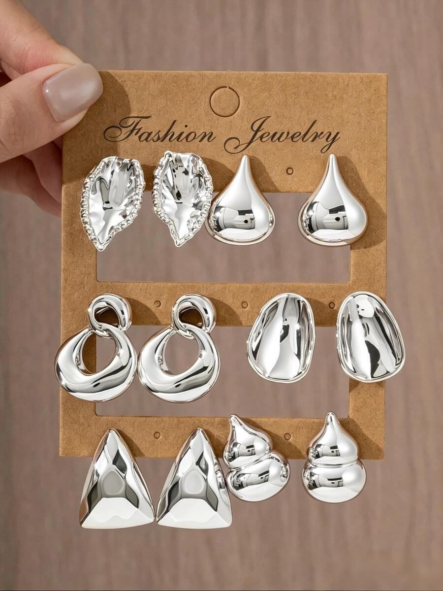 2/12PCS Women's Fashion Elegant Silver Geometric Multi-Element Earrings Set, Fashionable And Elegant, Suitable For Daily Wear, Outings, Gatherings And Parties. - Silver - View 1