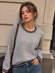 College Style Contrasting Striped Round Neck Knitted Sweater For Women's Autumn And Winter Casual Loose Daily Pullover Top Versatile - Grey - View 2