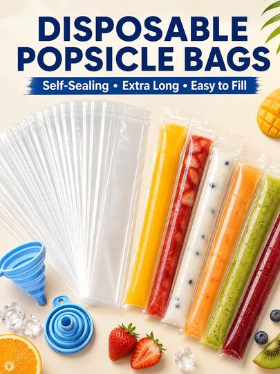 200PCS DIY Popsicle Bags With Funnels, 11.02in Extra Long Clear Self-Sealing Ice Pop Bags, Disposable Freezer Pop Mold Bags For Juice, Yogurt, Smoothies, Homemade Ice Pops & Summer Parties