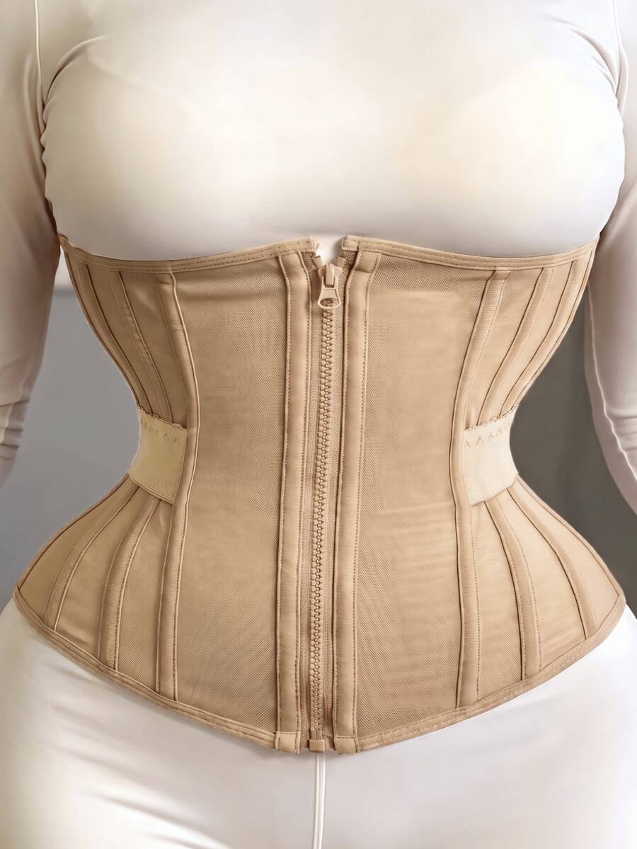 1pc Women's Colombian Waist Shaper, Front Zipper Waist Cincher Corset, Shapewear - Apricot - View 1